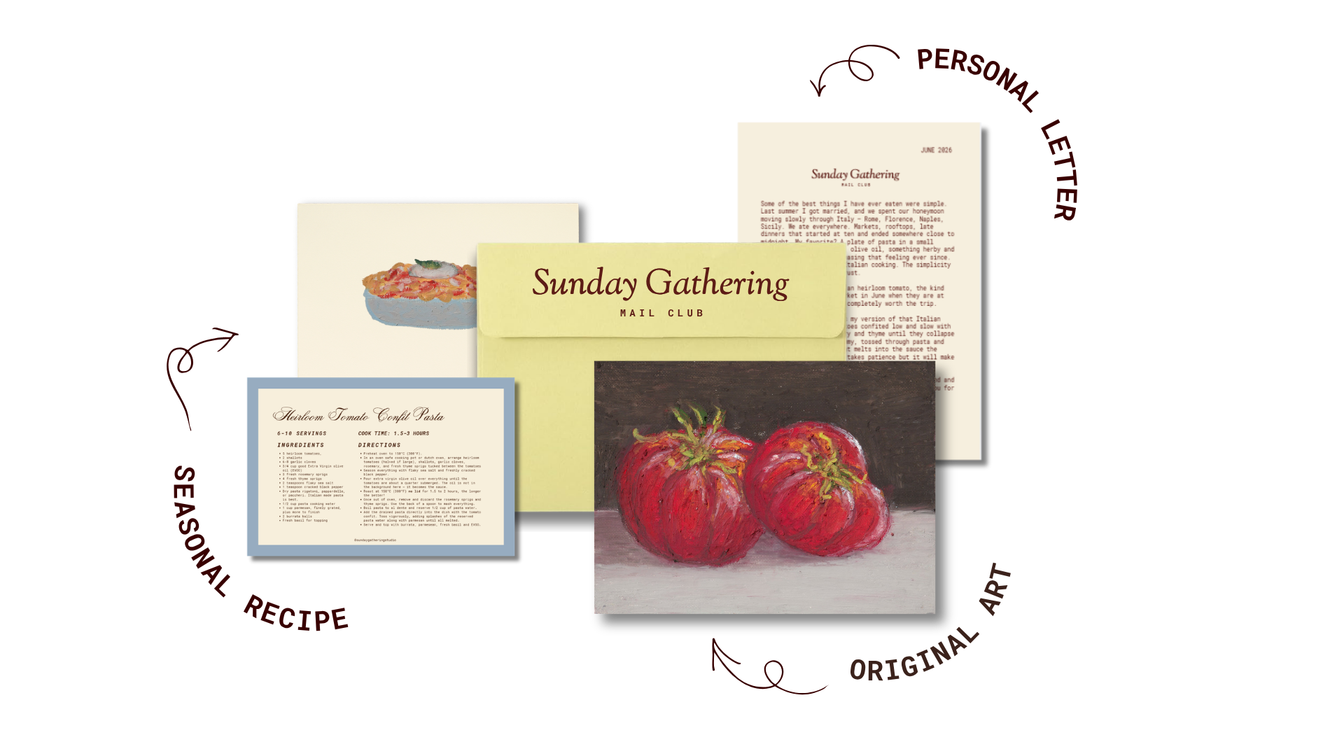 Collection of illustrated and printed materials for a Sunday gathering event, including a menu with tomatoes, a handwritten note, a printed letter, and artwork of tomatoes.