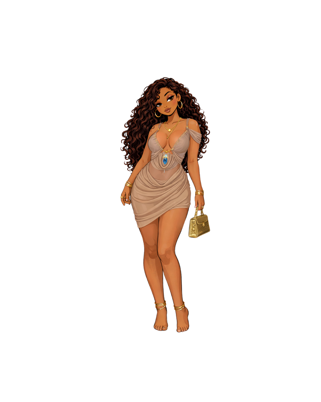 Illustration of a woman with long curly hair wearing a beige dress, jewelry, and holding a handbag.