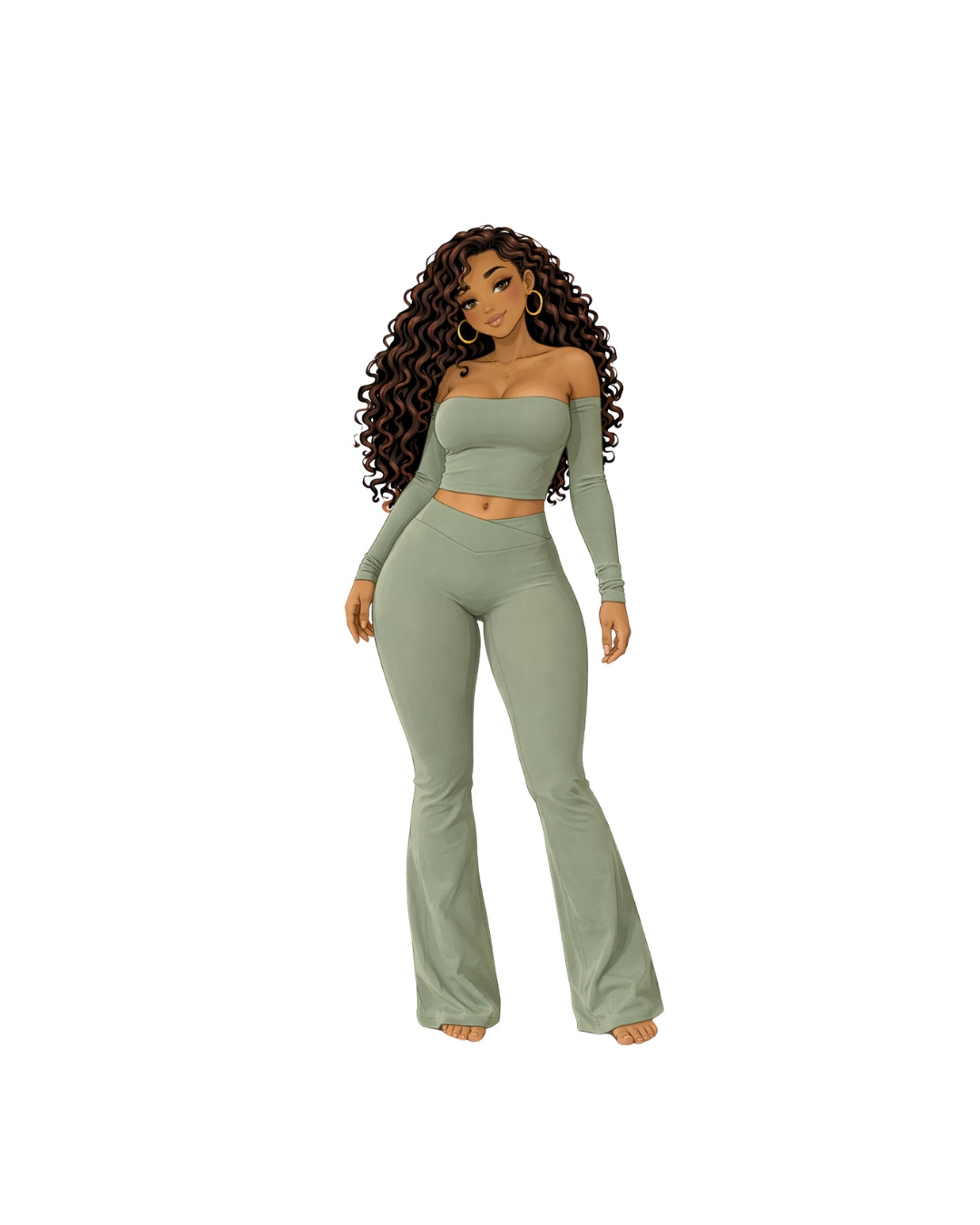 Digital illustration of a woman with long curly hair, wearing a light green off-the-shoulder crop top and matching high-waisted pants, standing confidently with one hand on her hip, against a black background.