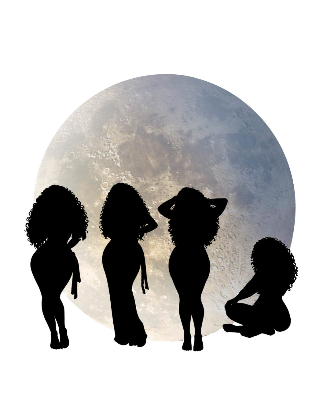Silhouettes of four women with curly hair posing in front of a large full moon.