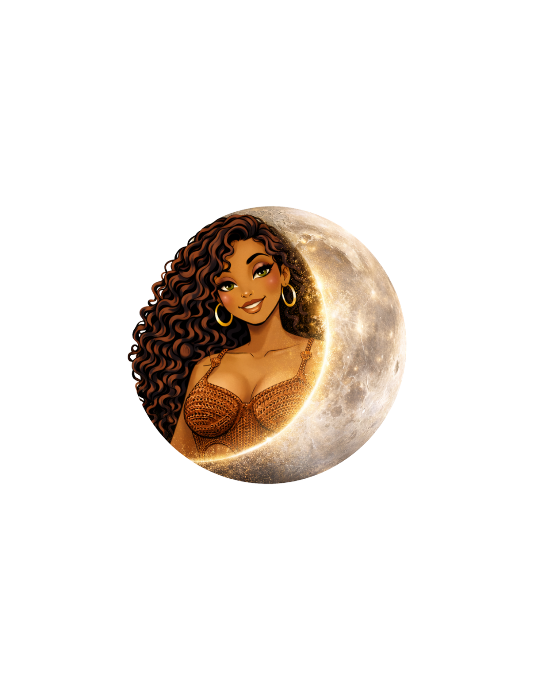Eyed woman with curly brown hair, gold hoop earrings, and a patterned top, appearing through a half moon with a starry background.