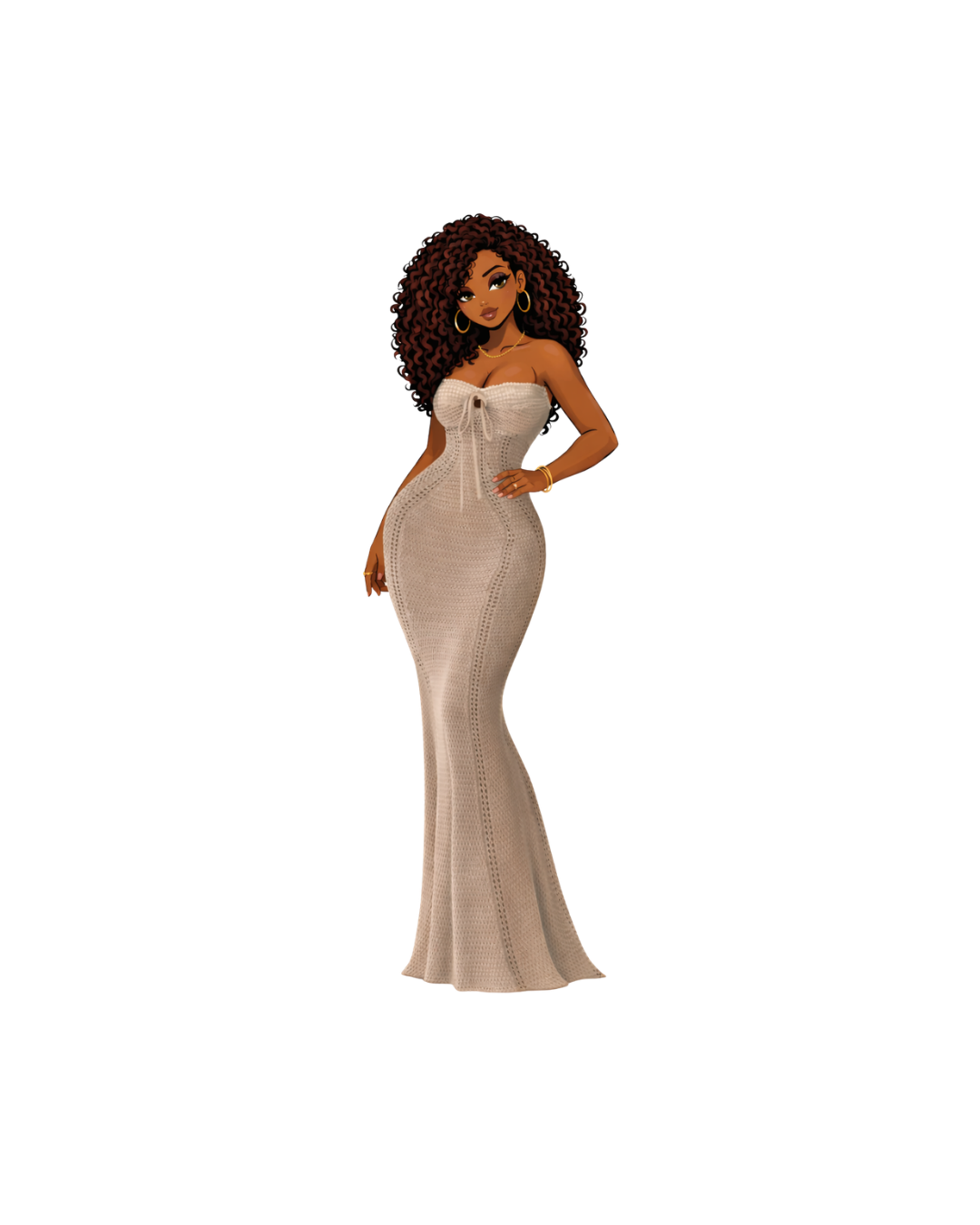 An animated woman with dark brown skin, curly brown hair, and gold jewelry, wearing a strapless beige crochet dress and standing with one hand on her hip.
