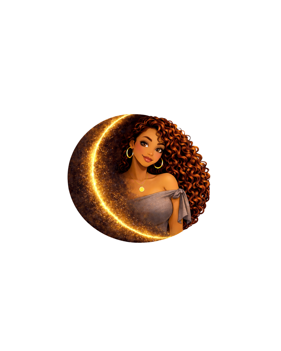 Digital illustration of a woman with curly hair, wearing gold hoop earrings and a gray off-shoulder top, set against a background featuring a glowing golden crescent moon surrounded by sparkling stars.