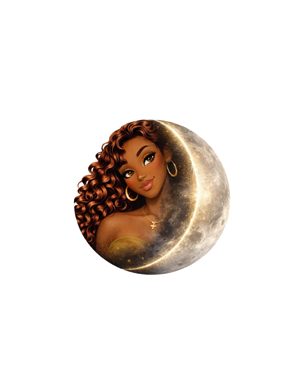 An illustrated woman with curly brown hair, hoop earrings, gold necklace, and brown eyes, depicted with the moon.