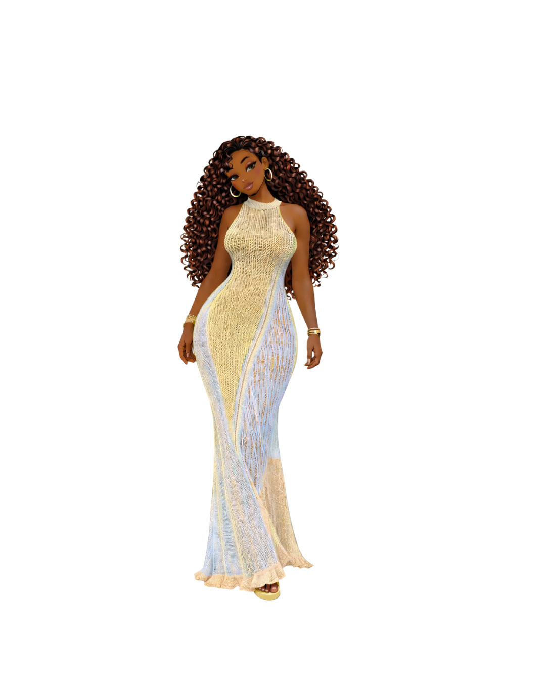 Digital illustration of a woman in a long, form-fitting, gold and white dress with curly brown hair and hoop earrings.