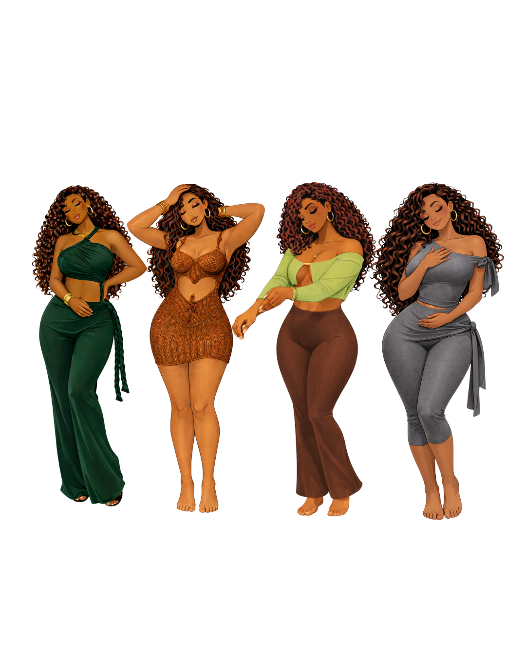 Four women with curly hair, dressed in different stylish outfits, standing side by side.