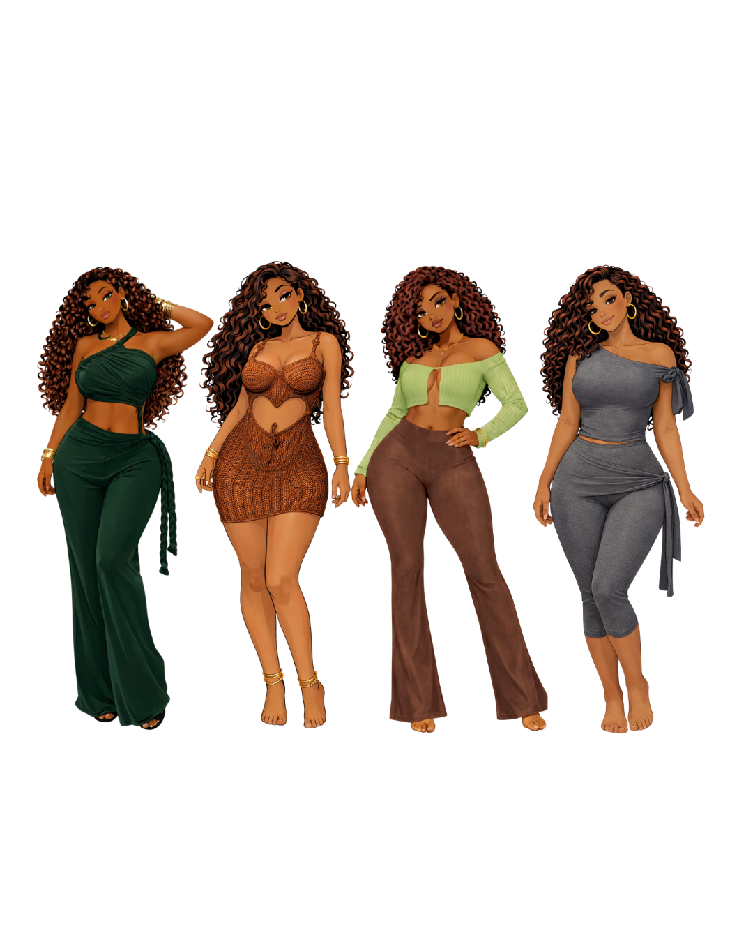 Illustration of four women with curly hair wearing different stylish outfits.