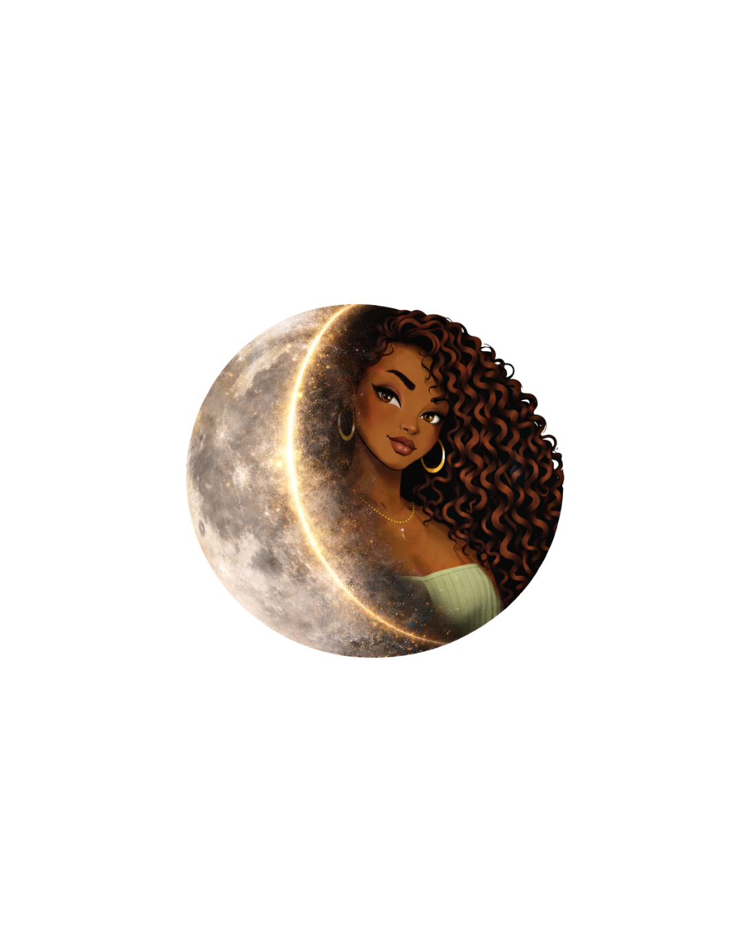 Illustration of a woman with curly hair, gold hoop earrings, and a gold necklace, with half a moon and starry sky behind her.