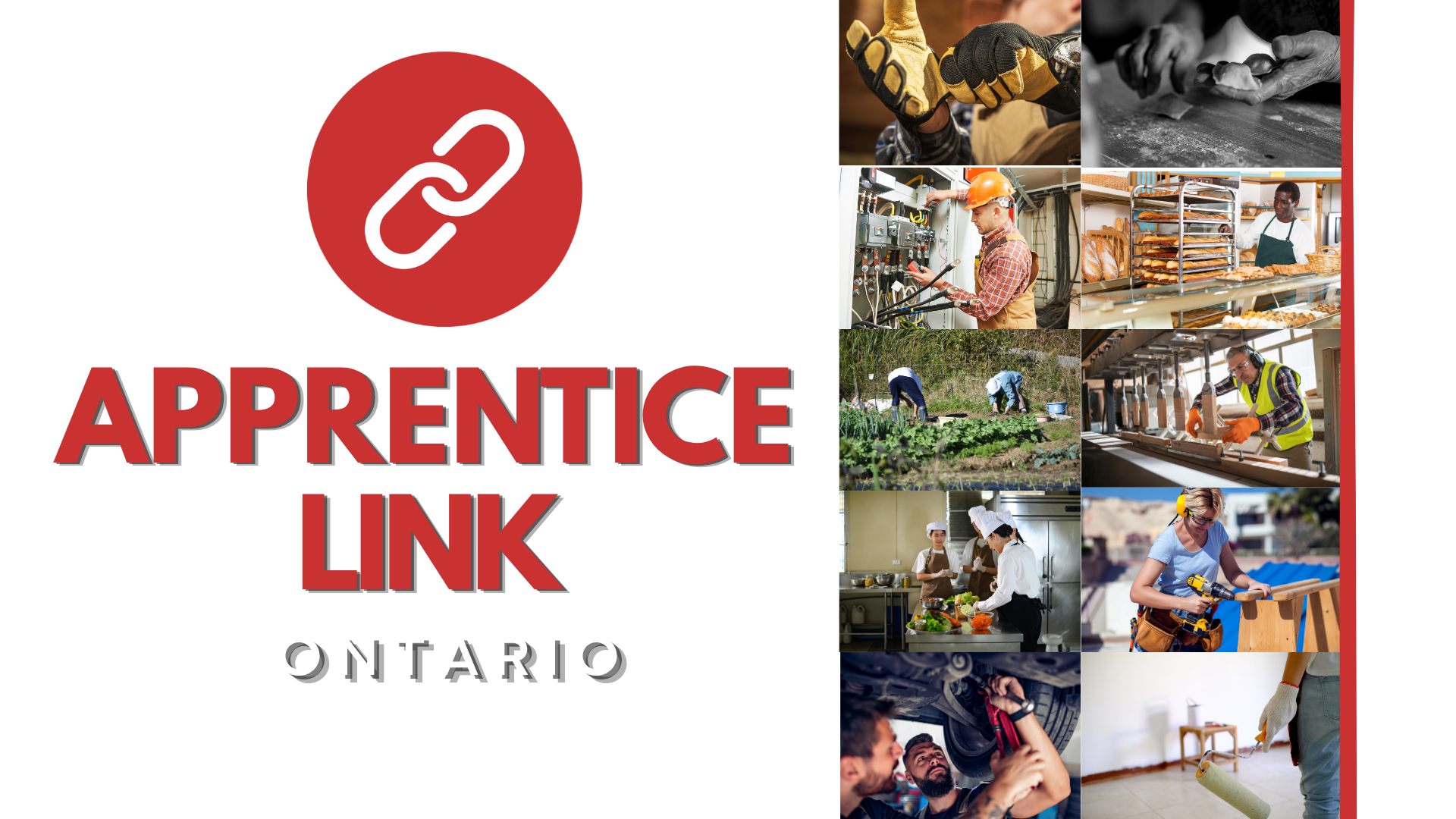 Collage of images showing various apprenticeship activities including construction, baking, farming, and machinery maintenance, with an overlay of a large red link icon and the word 'APPRENTICE' in bold red text.