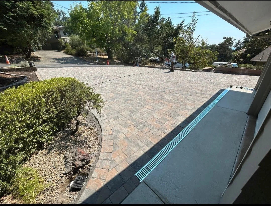 View of a paved driveway with a man working, trees and shrubs along the side, and utility lines overhead, taken from a porch or patio area.