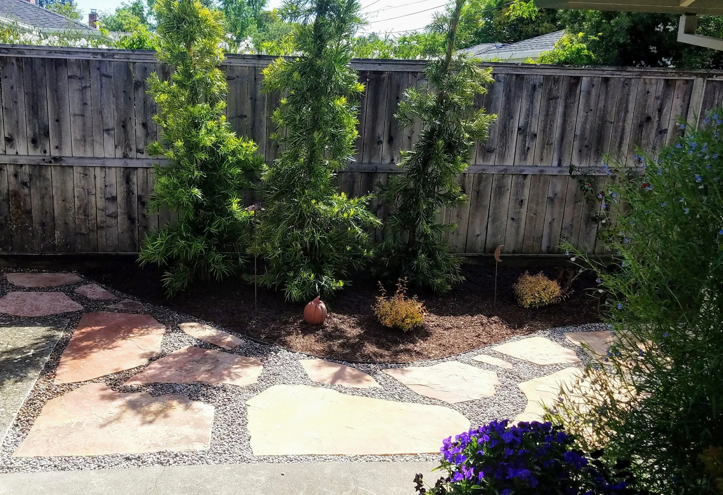 Backyard garden with large green plant, decorative pumpkins, colorful flowers, and a stone pathway, surrounded by a wooden fence.