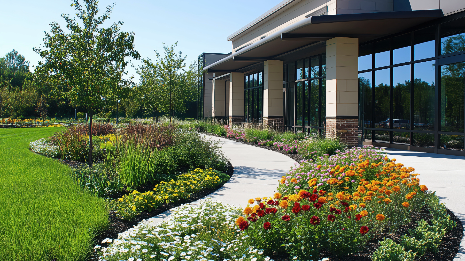 Modern building with large glass windows, a concrete sidewalk, and a landscaped garden with colorful flowers and green grass.