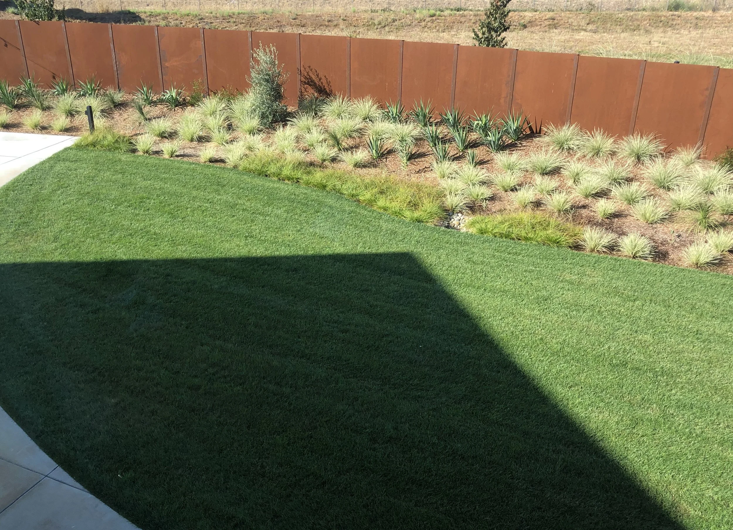 A backyard with a lush green grass lawn, a brown metal fence, some small bushes, and a patch of dry grass in the background.