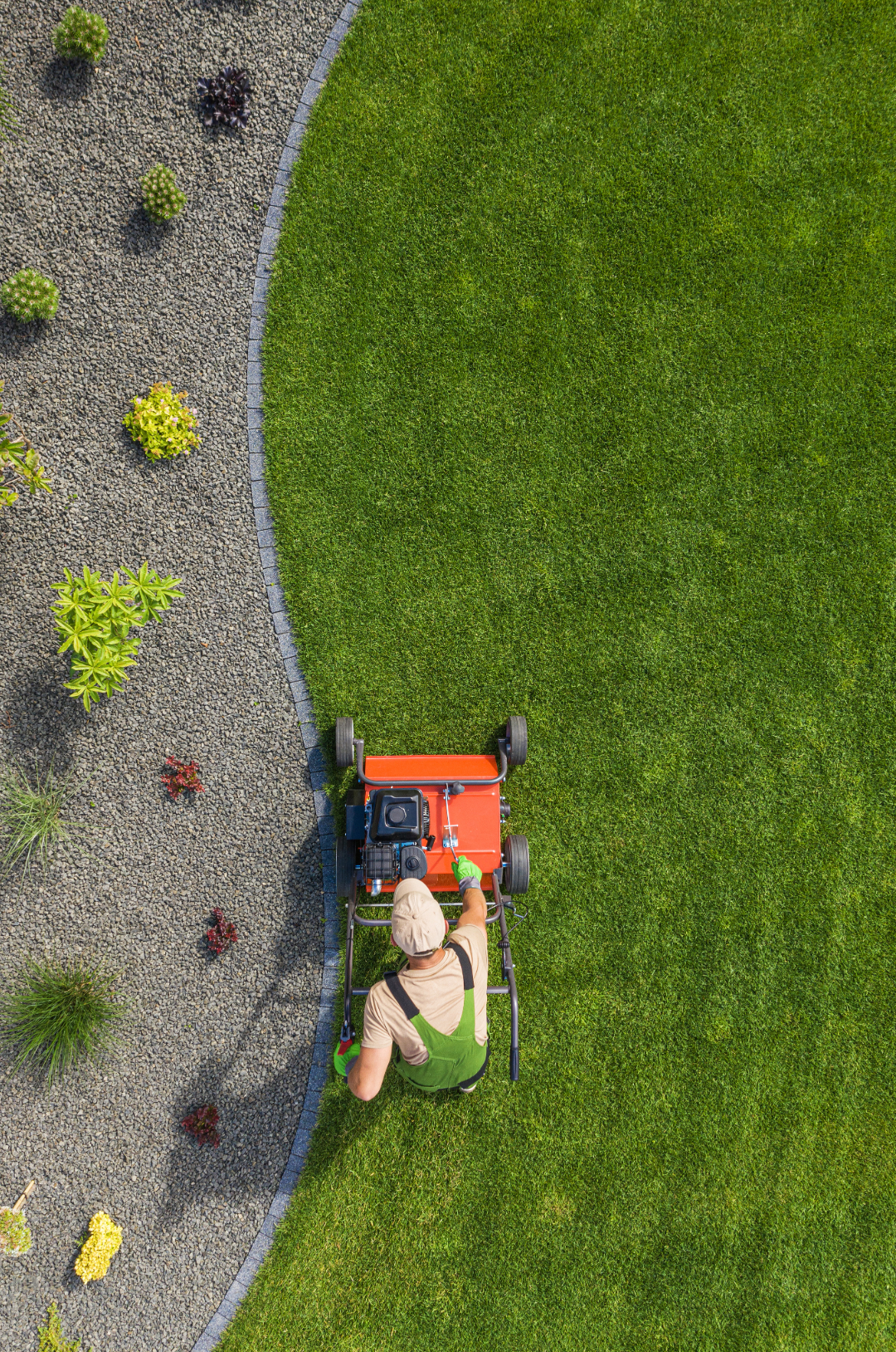 An aerial view of a person wearing beige hat and green overalls using a lawn mower to cut grass on a lawn beside a garden with gravel walkway and plants.