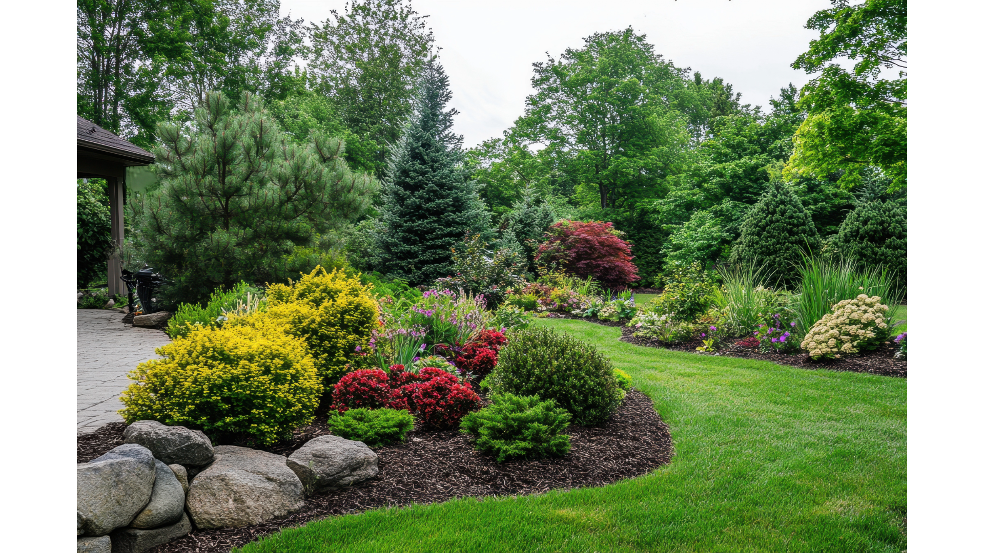 Lush green backyard garden with a variety of colorful flowering plants, shrubs, and tall trees, bordered by rocks and a stone walkway.