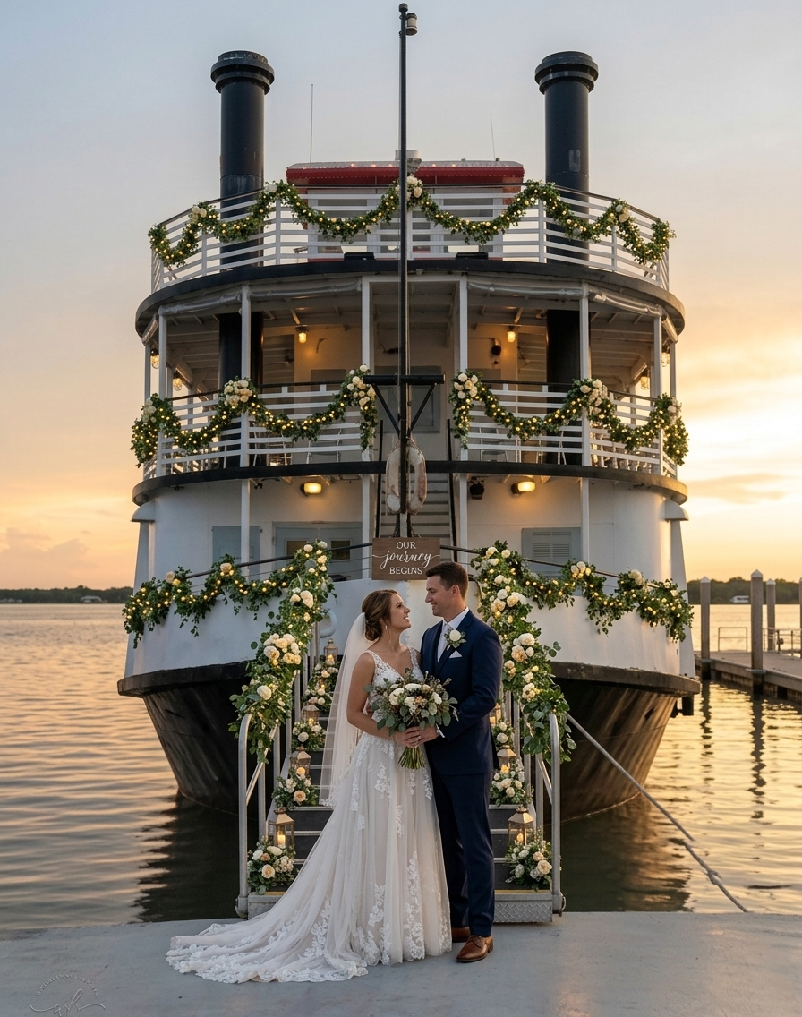 A bride and groom stand on a dock in front of a decorated boat at sunset, holding a bouquet and gazing at each other, celebrating their wedding.