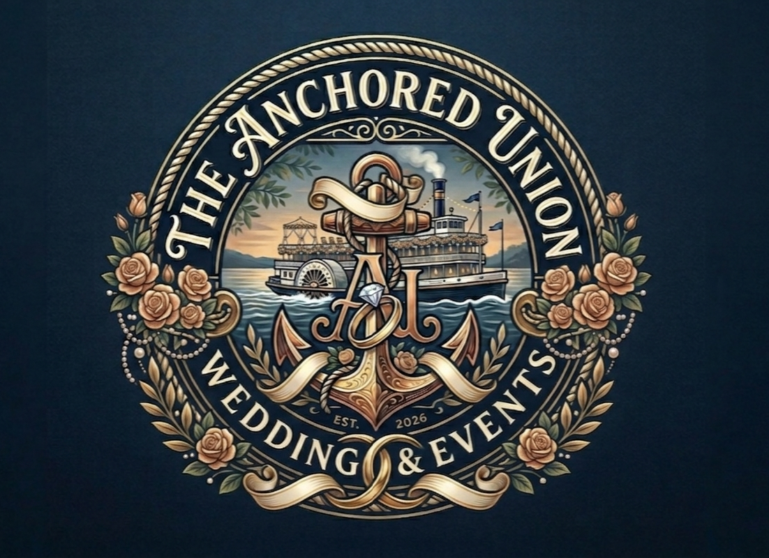 Logo for The Anchored Union Wedding & Events featuring an anchor, a riverboat, roses, and nautical decorations, with a dark background.