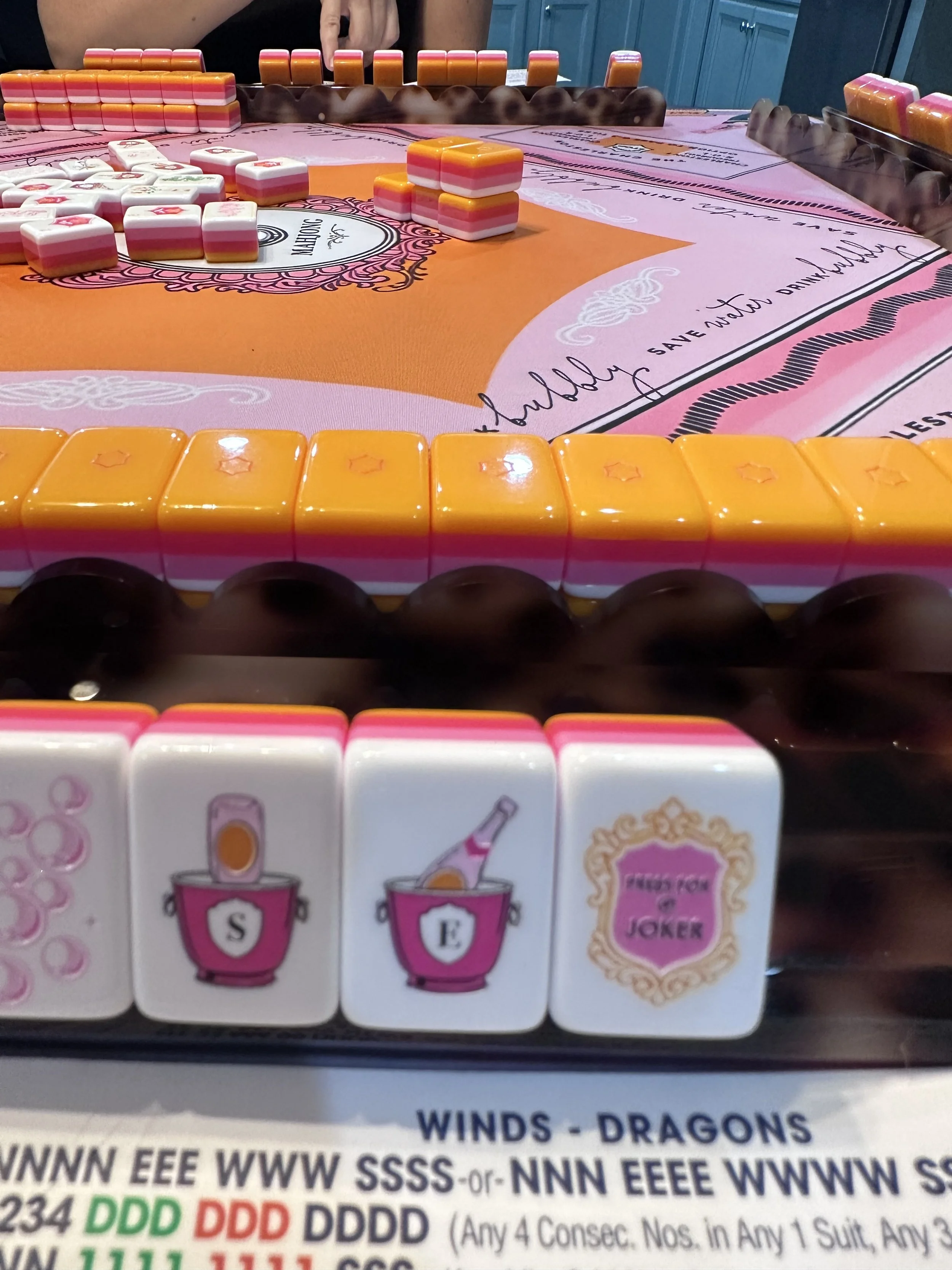 Champagne-themed American Mahjong tiles and an NMJL card