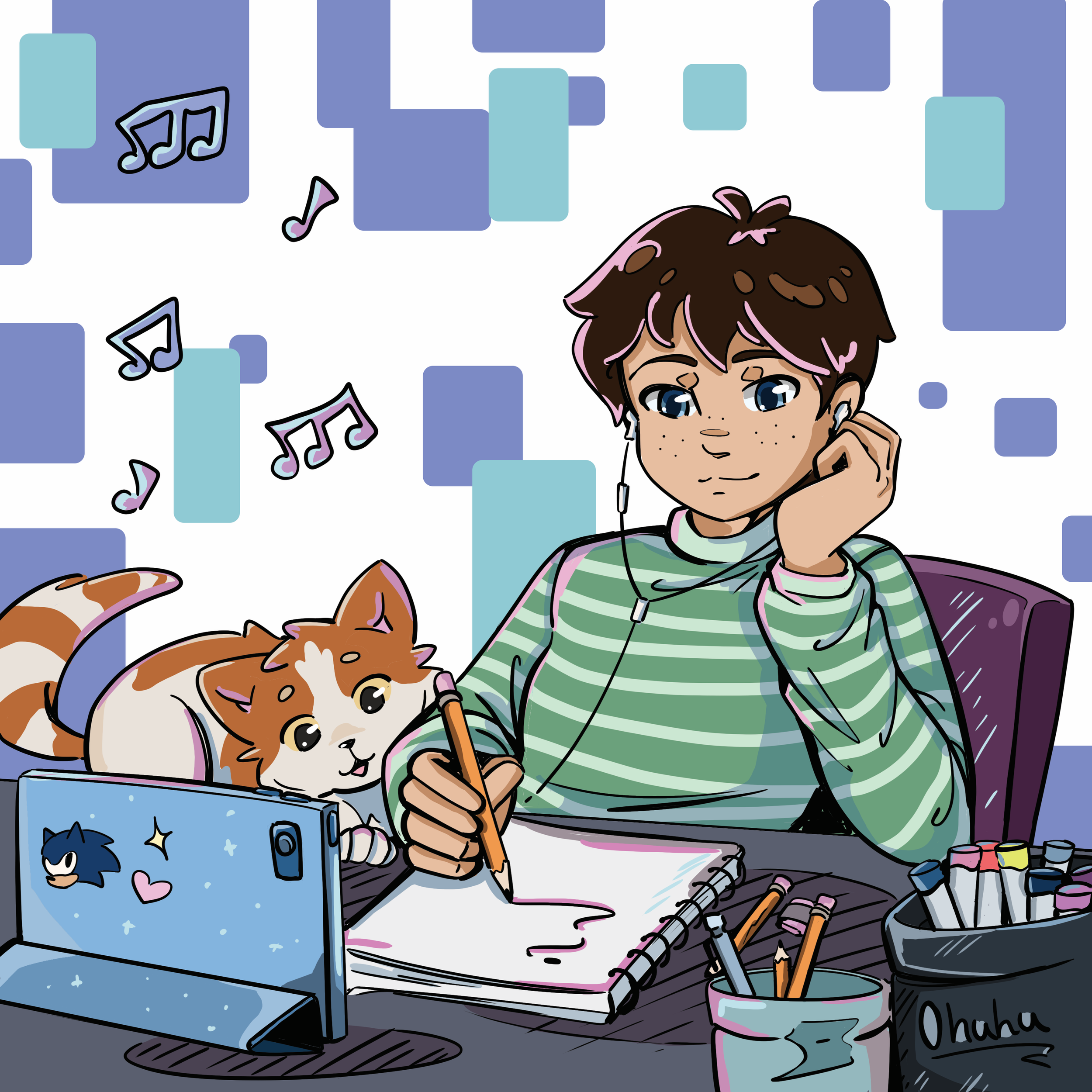 A young person with blue eyes and brown hair with pink highlights, wearing a green striped shirt, is drawing in a sketchbook with a brown marker. They are listening to music with earphones and smiling. A cute orange and white cat is sitting on the desk, next to a blue Sonic the Hedgehog-themed laptop. The desk has various colored pens and markers, and the background features a pattern of blue and purple squares with musical notes.