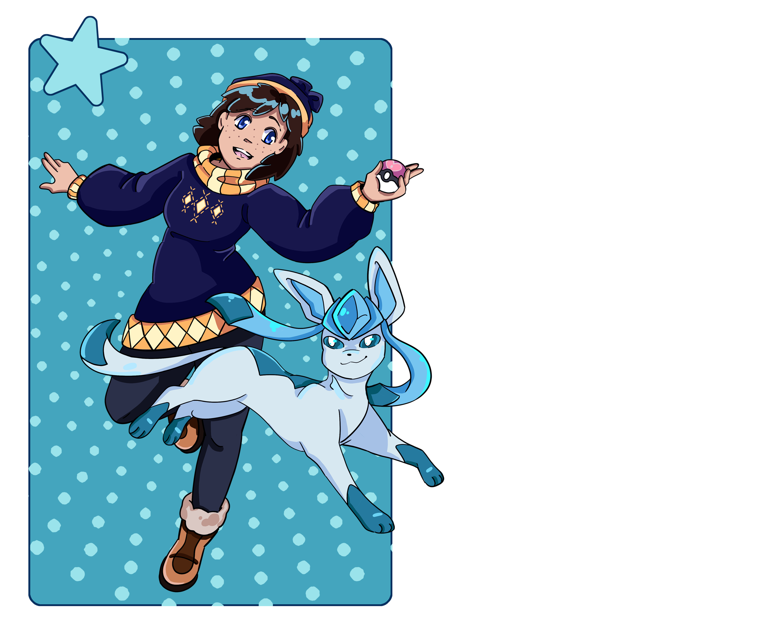 Anime-style illustration of a young girl with dark hair holding a Pokéball, accompanied by a white and blue Pokémon, set against a blue dotted background.