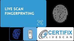 Graphic showing a live fingerprint scan with a fingerprint image, a fingerprint scanner icon, and Certifix Livrescan branding.