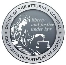 Seal of the California Department of Justice featuring Lady Justice and the text 'Liberty and justice under law'.