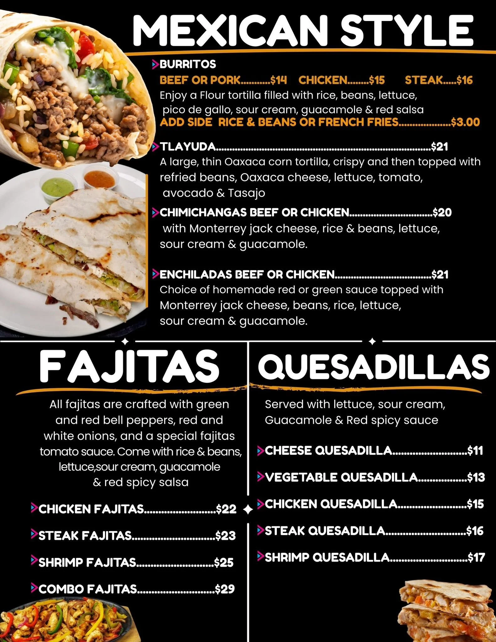 Menu featuring Mexican dishes such as burritos, tacos, fajitas, and quesadillas with prices and descriptions, with a picture of a burrito and a quesadilla.