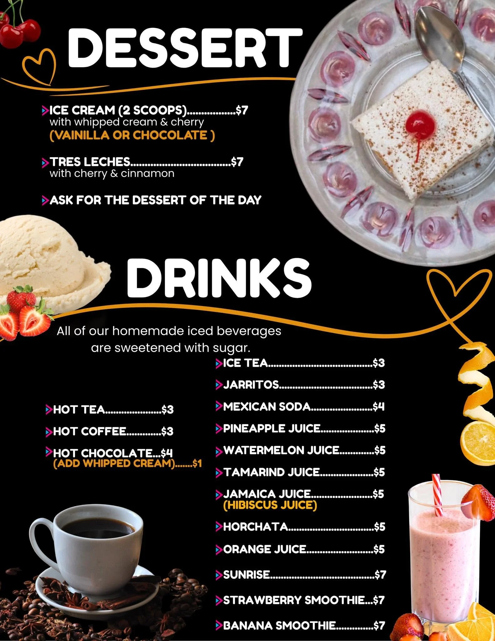 Image of a dessert menu with a slice of cake topped with a cherry on a clear glass plate, surrounded by strawberries, a cup of coffee, and various beverages listed on the menu such as ice cream, smoothies, and juices.