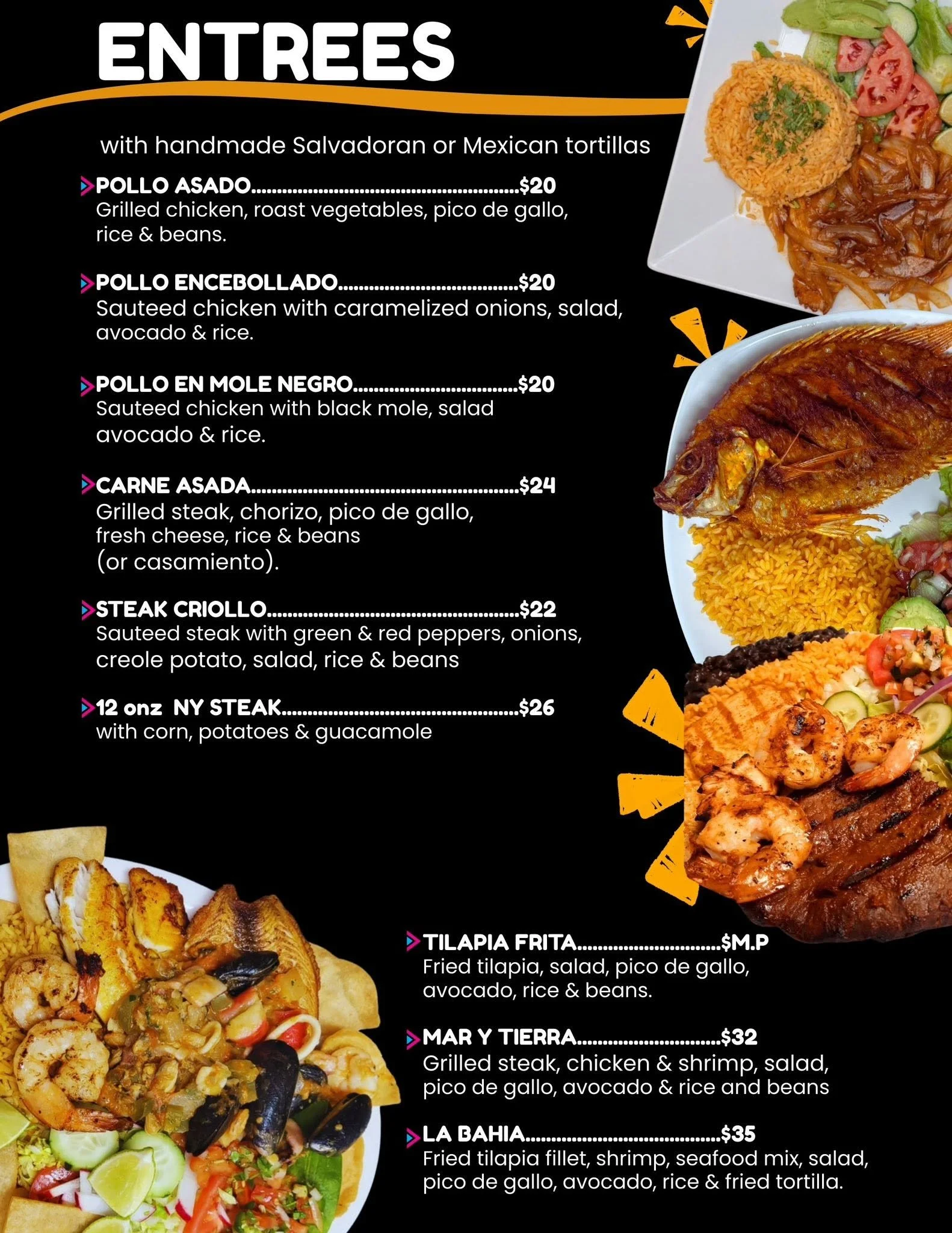 Menu of Mexican dishes featuring various types of grilled chicken, fish, and steak, served with rice, beans, salad, and tortillas.