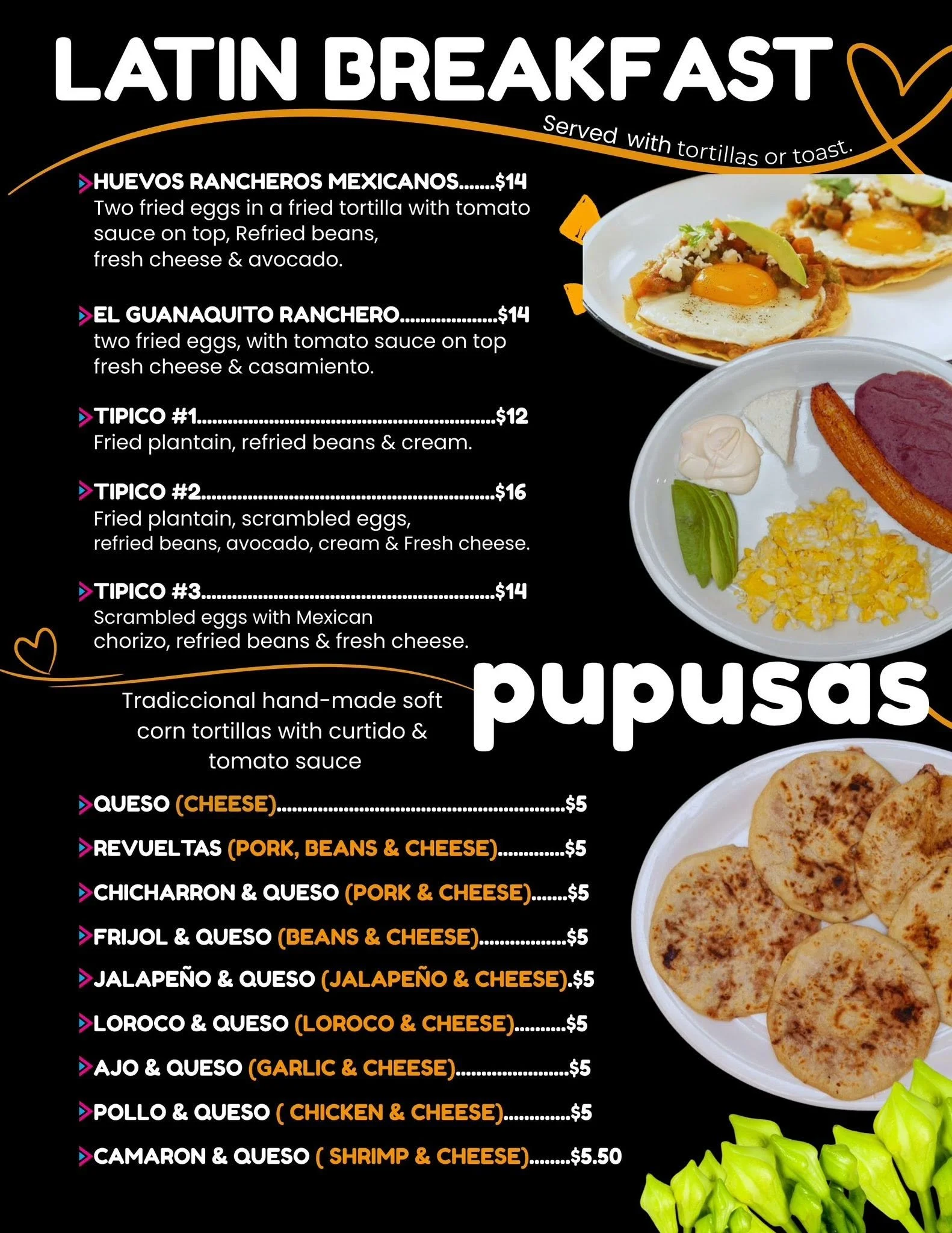 Menu featuring Mexican breakfast dishes such as huevos rancheros, El Gunaquito Ranchero, and various types of chilaquiles, with dishes served with tortillas or toast, and an image of breakfast plates with eggs, beans, cheese, and tortillas.