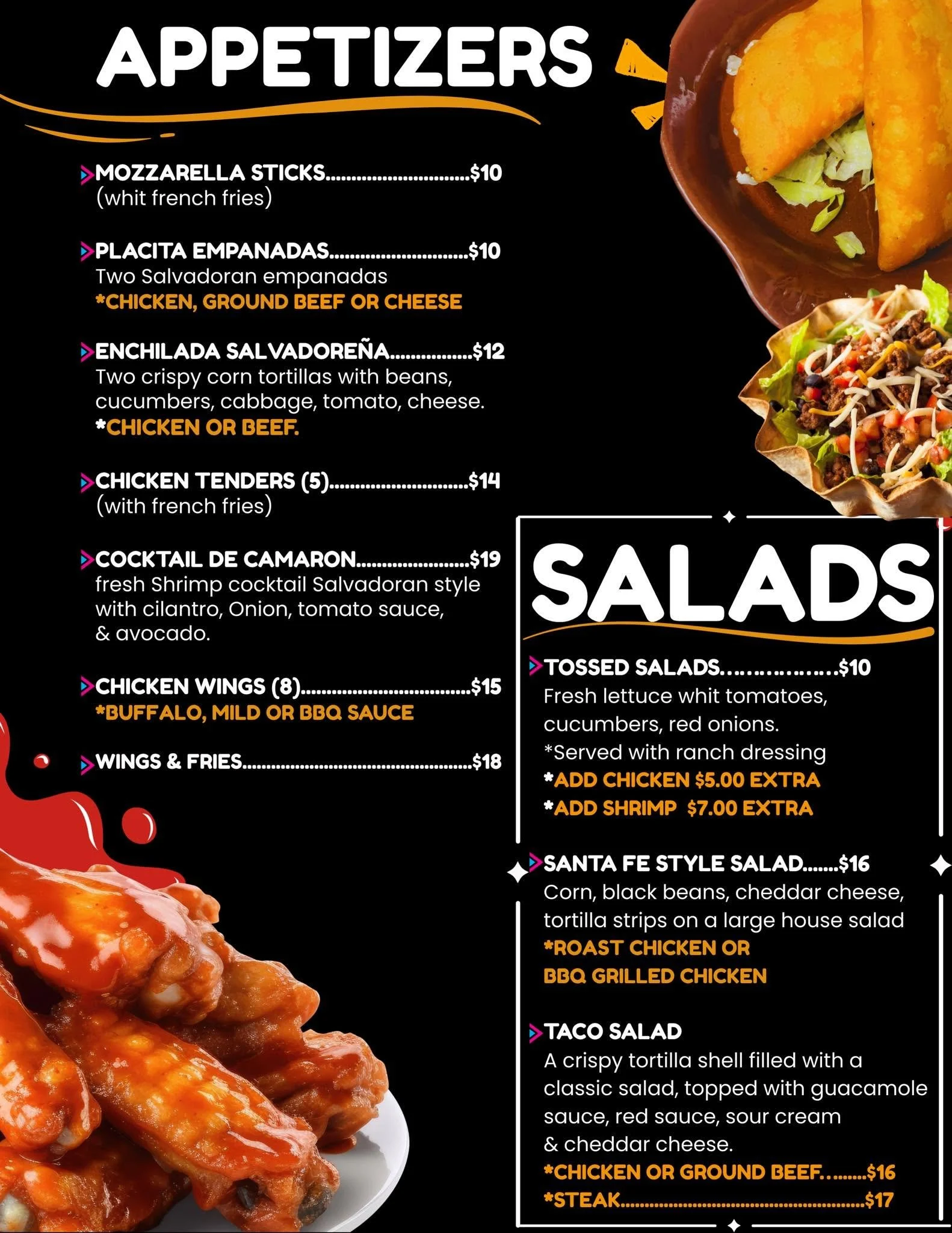 Menu featuring various appetizers like mozzarella sticks, empanadas, salads, chicken tenders, shrimp cocktail, and tacos, with prices and descriptions.