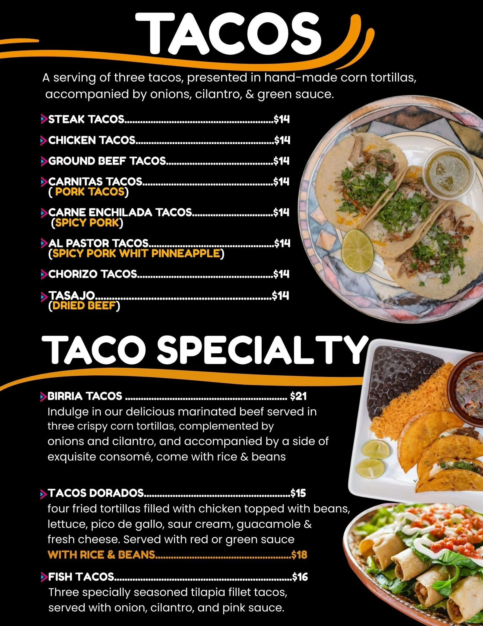 Menu of tacos with descriptions and prices, including options like steak, chicken, ground beef, pork, spicy pork, dried beef, dorados, and fish tacos, accompanied by photos of tacos on plates.