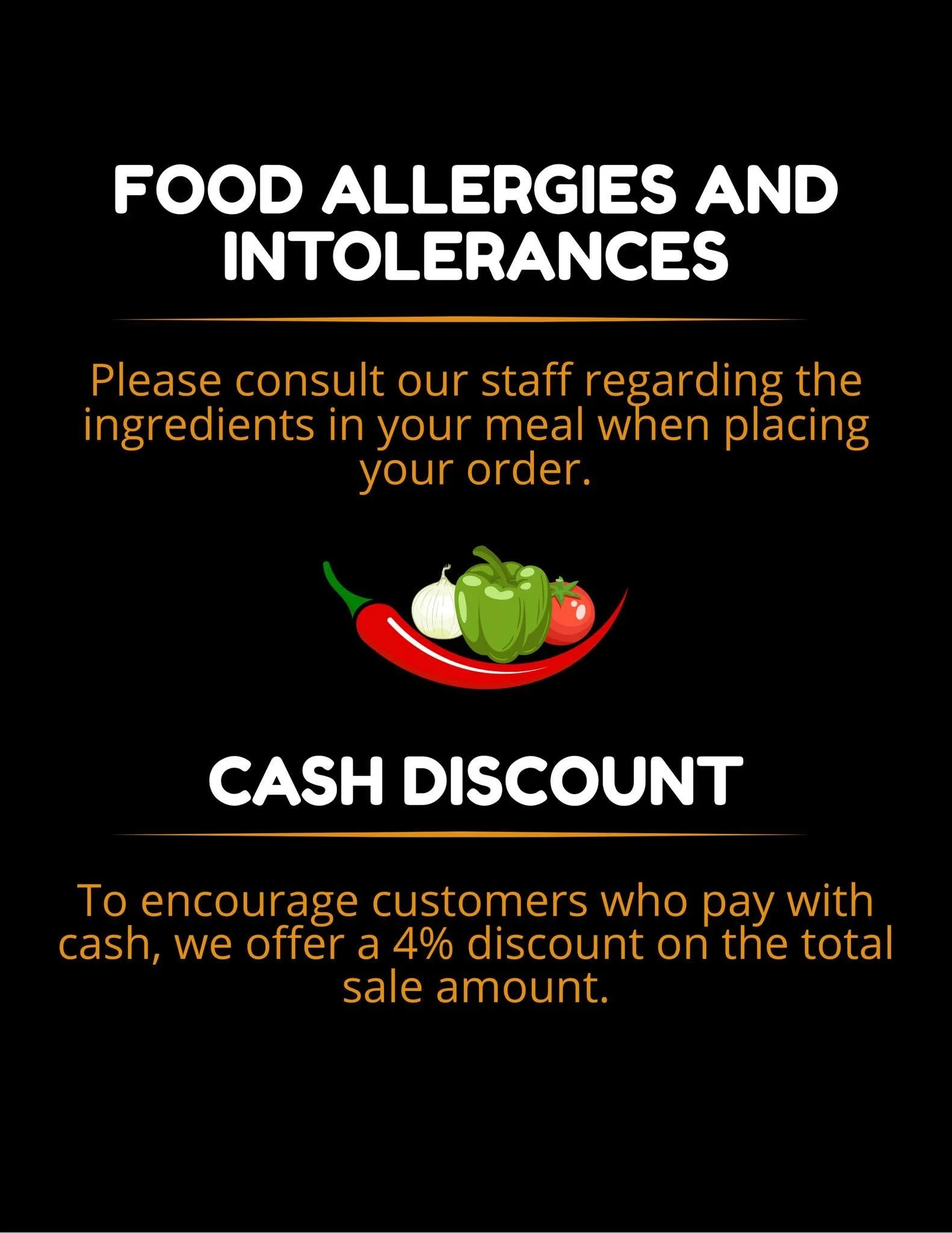 Poster for food allergies and intolerances with text about encouraging customers who pay with cash to get a 4% discount, featuring illustrations of garlic, bell peppers, and chili peppers.