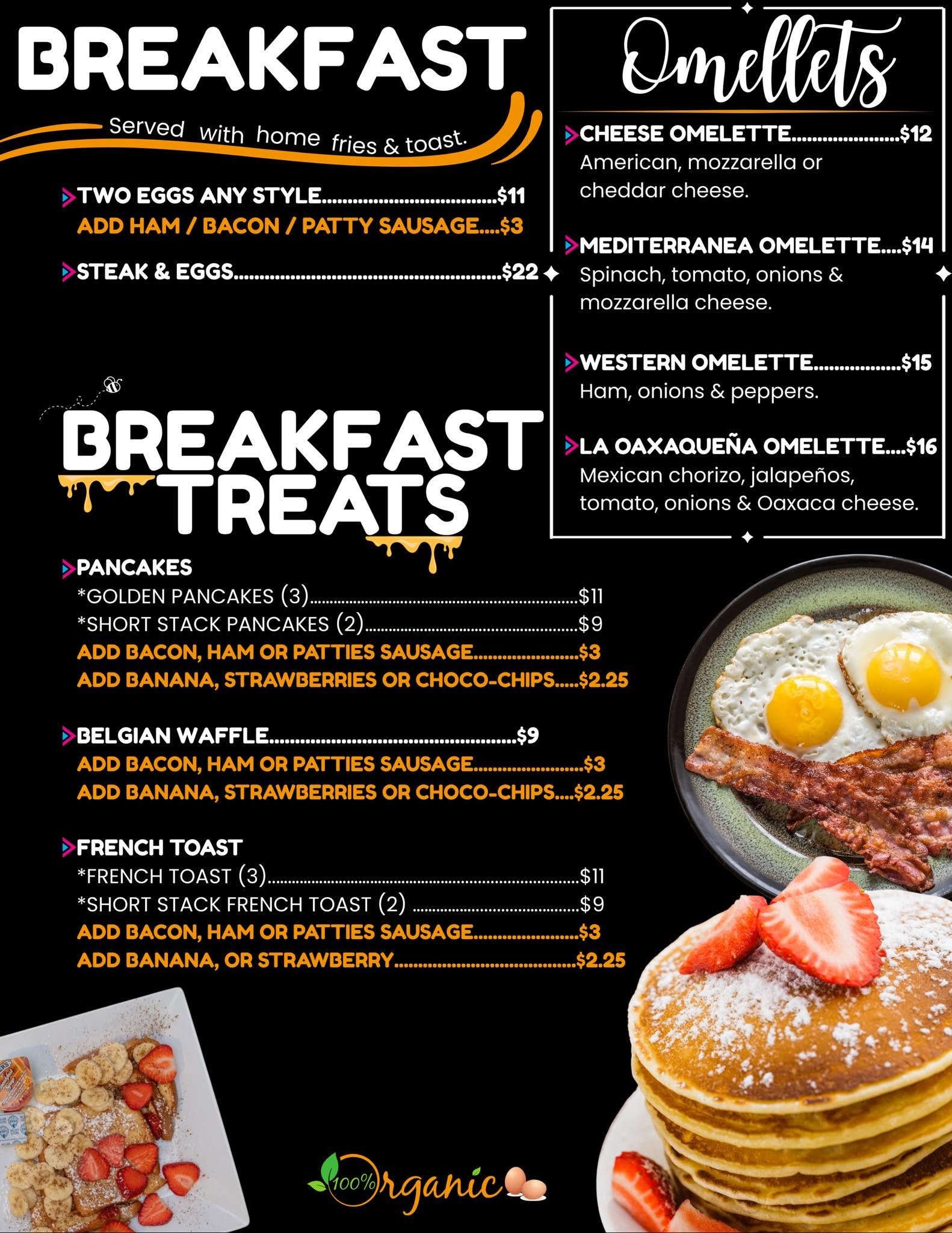 A menu board showcasing breakfast options, including omelets, pancakes, waffles, and French toast, with prices and add-on choices. The menu emphasizes organic ingredients and delicious toppings with colorful text and a photo of pancakes topped with strawberries and whipped cream.