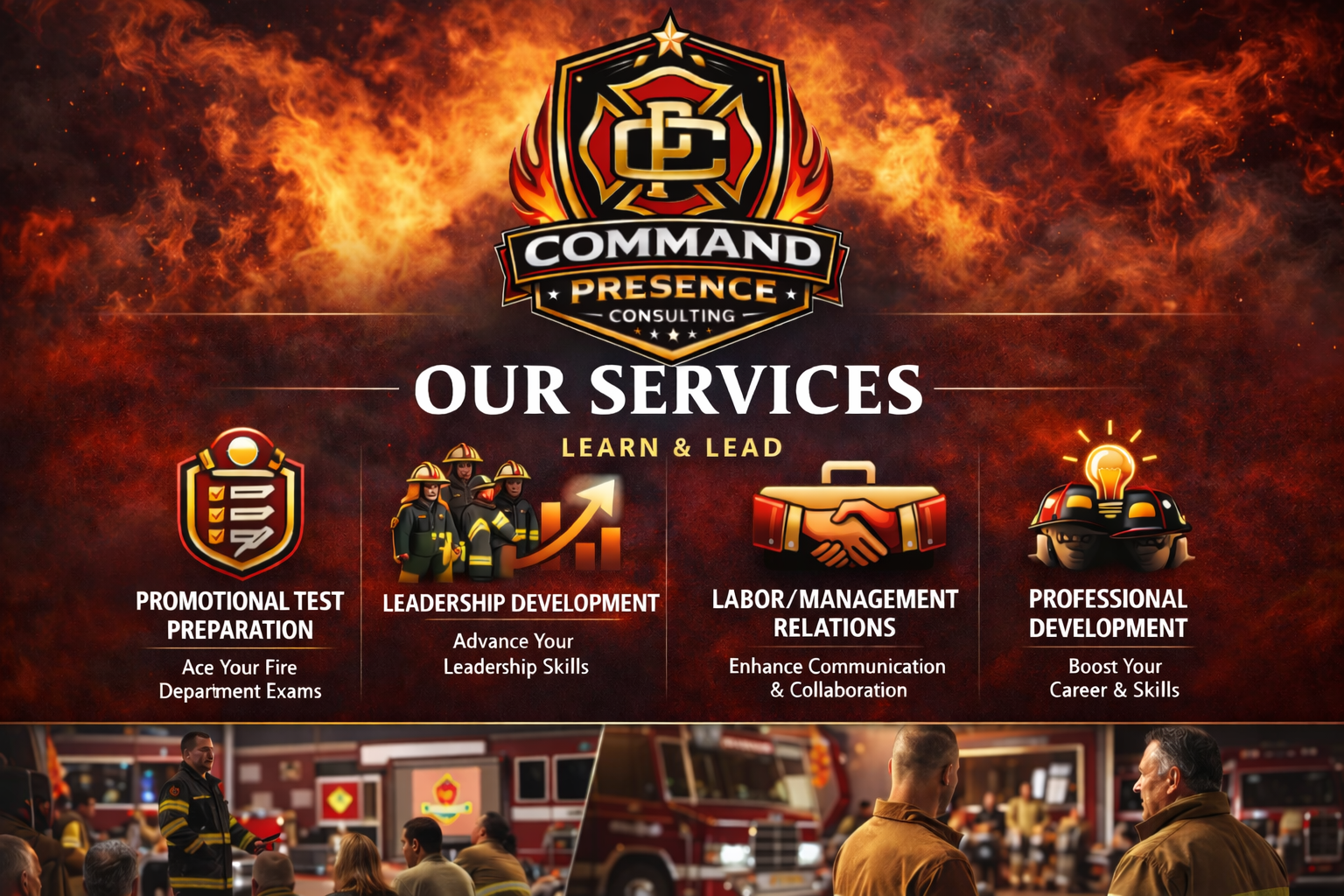 A promotional graphic for Command Presence Consulting, showcasing their services including promotional test preparation, leadership development, labor and management relations, and professional development, set against a background of flames and fire rescue personnel.
