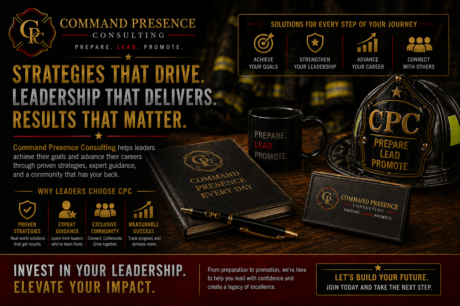 Marketing graphic for Command Presence Consulting featuring a black notebook, a black coffee mug with the words "PREPARE. LEAD. PROMOTE." in red and white, a clear plastic helmet with the words "CPC PREPARE LEAD PROMOTE" in gold, and a business card with the company logo and slogan, all set on a dark wood desk with firefighter gear in the background. The graphic promotes leadership strategies and coaching for career advancement.
