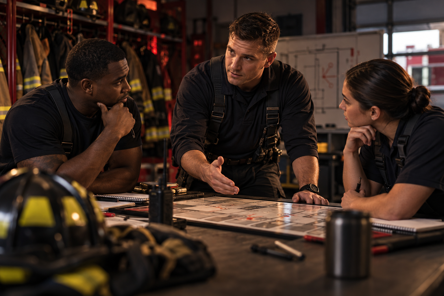 Fire officers collaborating on an incident action plan during tactical scenario training.