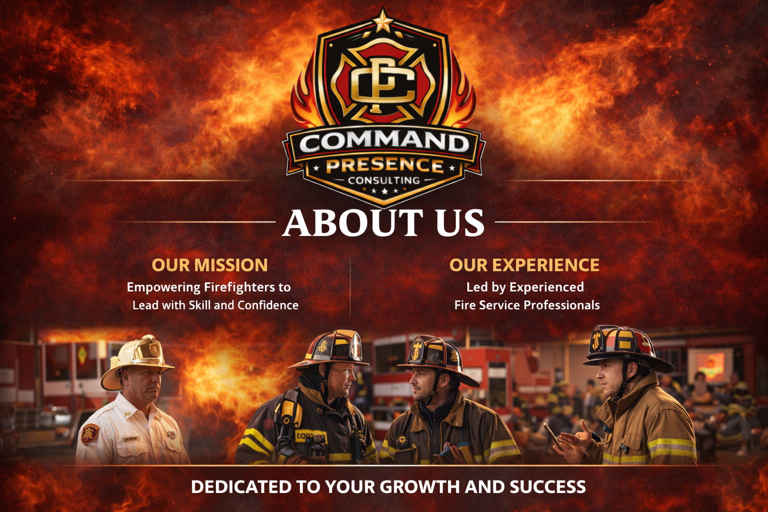 Firefighting team in front of a burning building with flames and fire trucks, part of a fire service team photo for Command Presence Consulting.