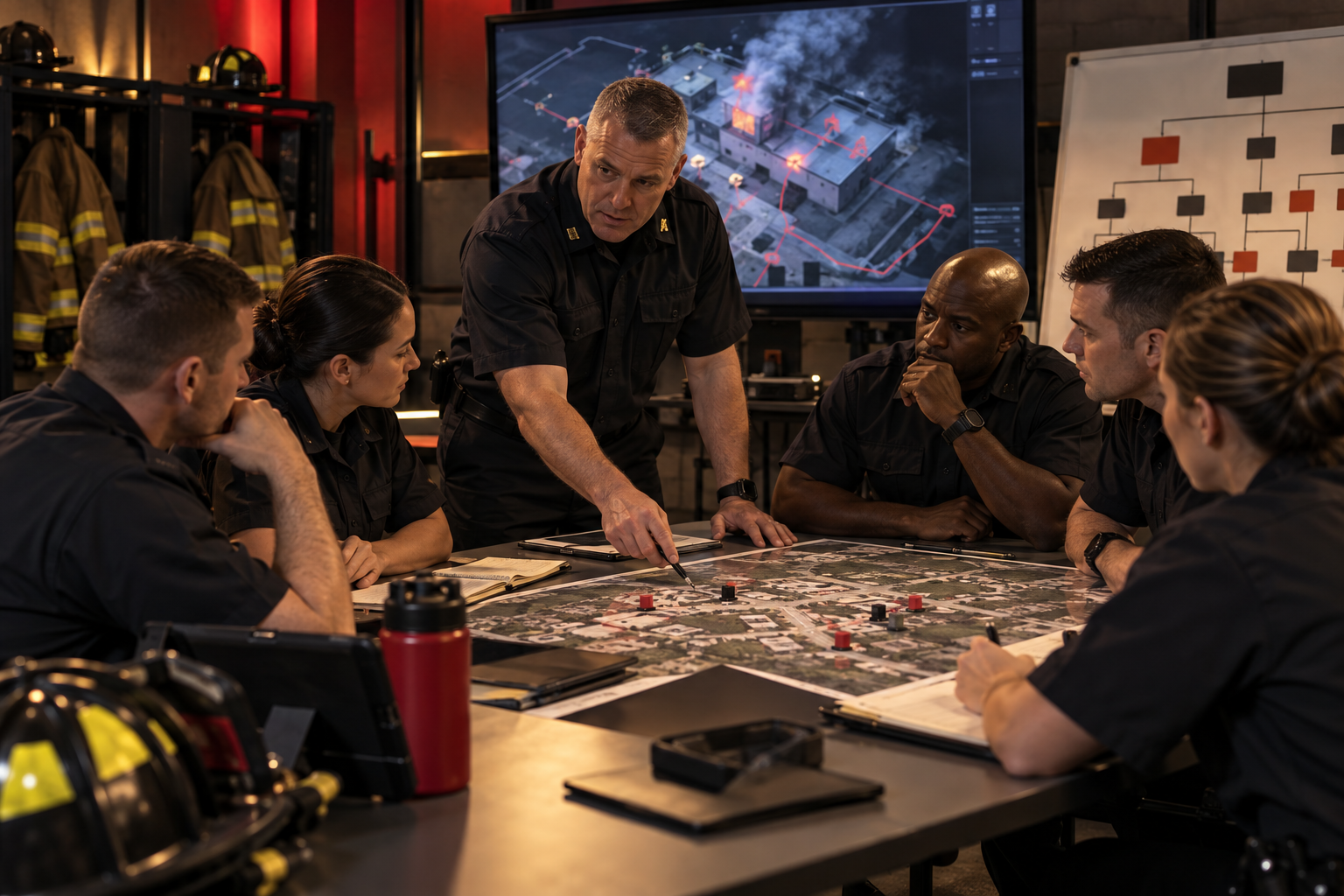 Fire crew conducting incident command training with a tactical map and situational display.
