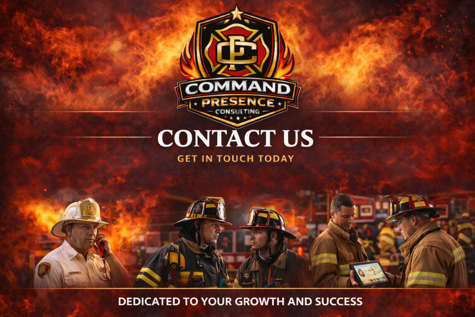 A fiery background with emergency personnel, including firefighters in uniform and helmets, and a firefighter using a tablet, promoting contact with Command Presence Consulting for growth and success.
