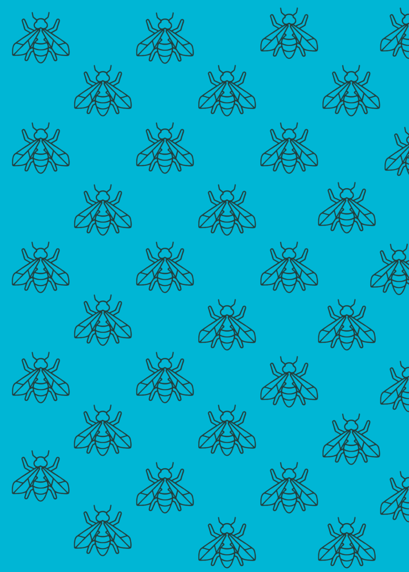Pattern of black line drawings of bees on a bright blue background.