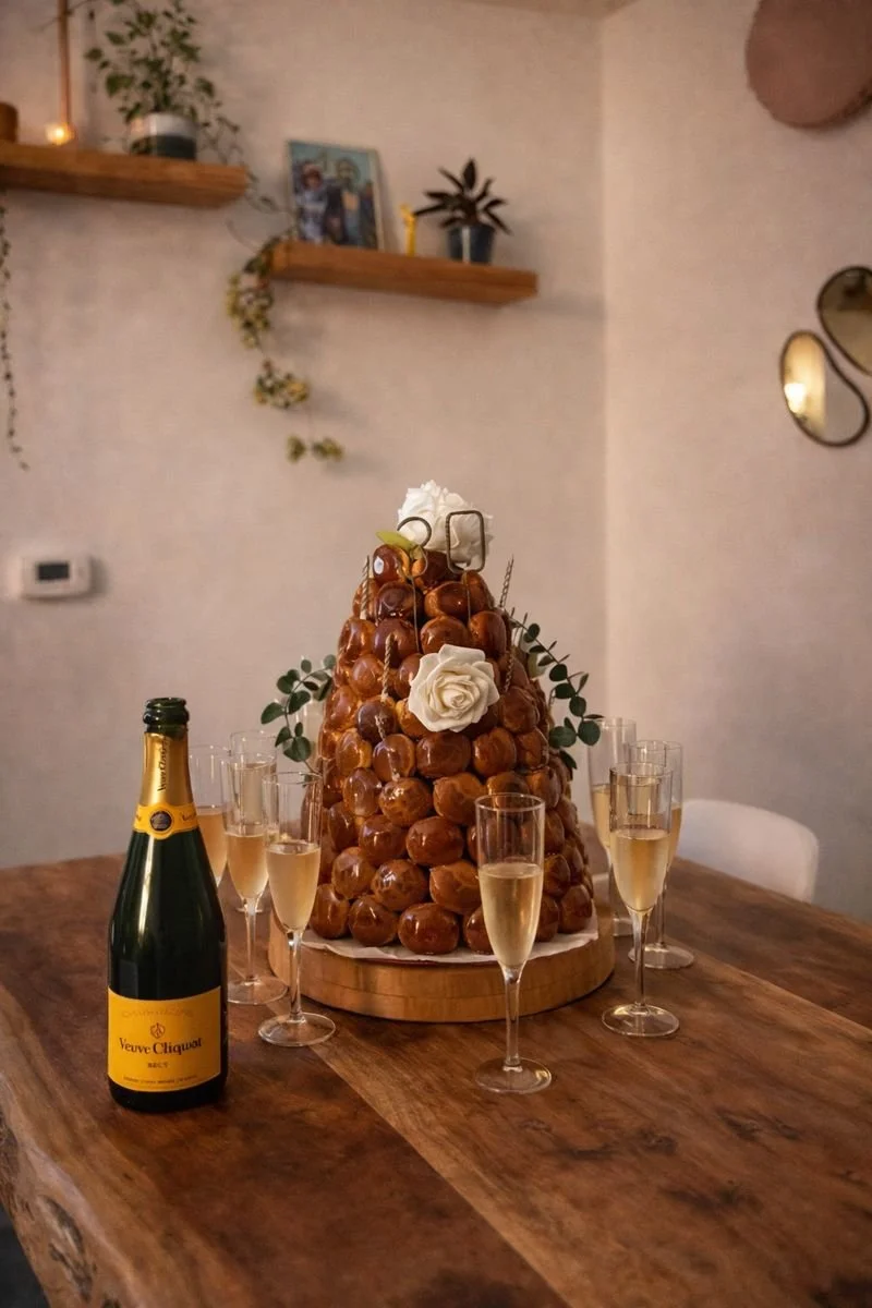 A chocolate croquembouche cake decorated with white roses and greenery, surrounded by seven glasses of champagne on a wooden table, with a Veuve Clicquot champagne bottle nearby.