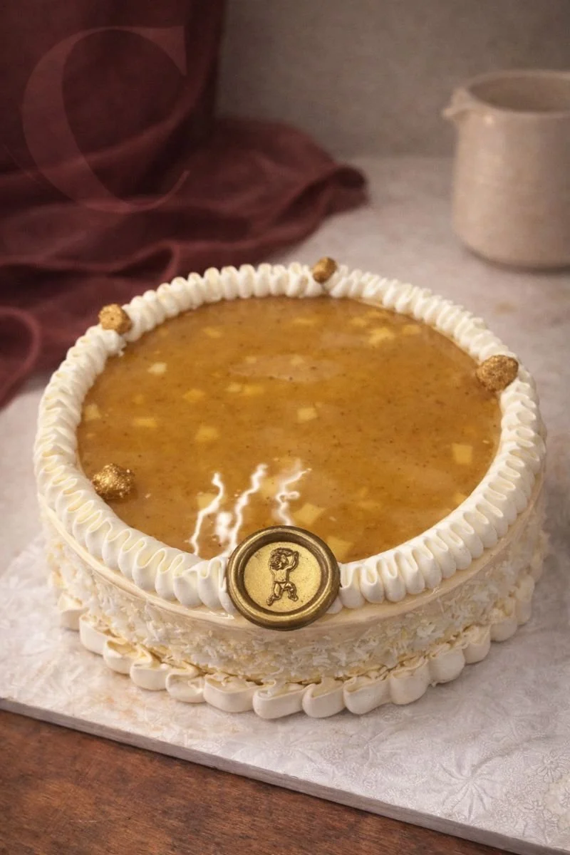 A round cake with light whipped ganache and decorative gold and gold crumble  around the edge, topped with a tangy and light passion fruit confit. There is a small circular emblem with a cherubin on the front of the cake. Homemade handcrafted French