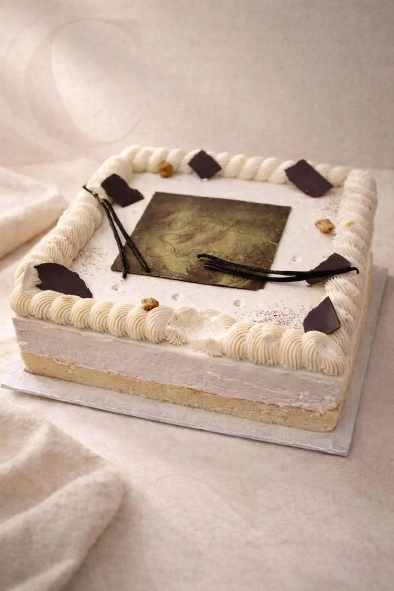 Square birthday cake with white frosting, decorative chocolate pieces, and a photo in the center. The cake is placed on a white cloth. Tres Leches Homemade handcrafted French Craftmanship