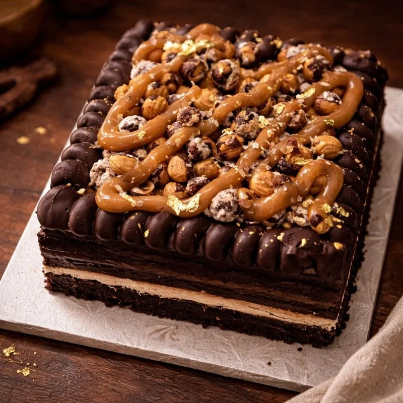 A rectangular chocolate layered cake with caramel drizzle, hazelnuts, and gold leaf garnish on top, placed on a silver board. Homemade handcrafted French Craftmanship