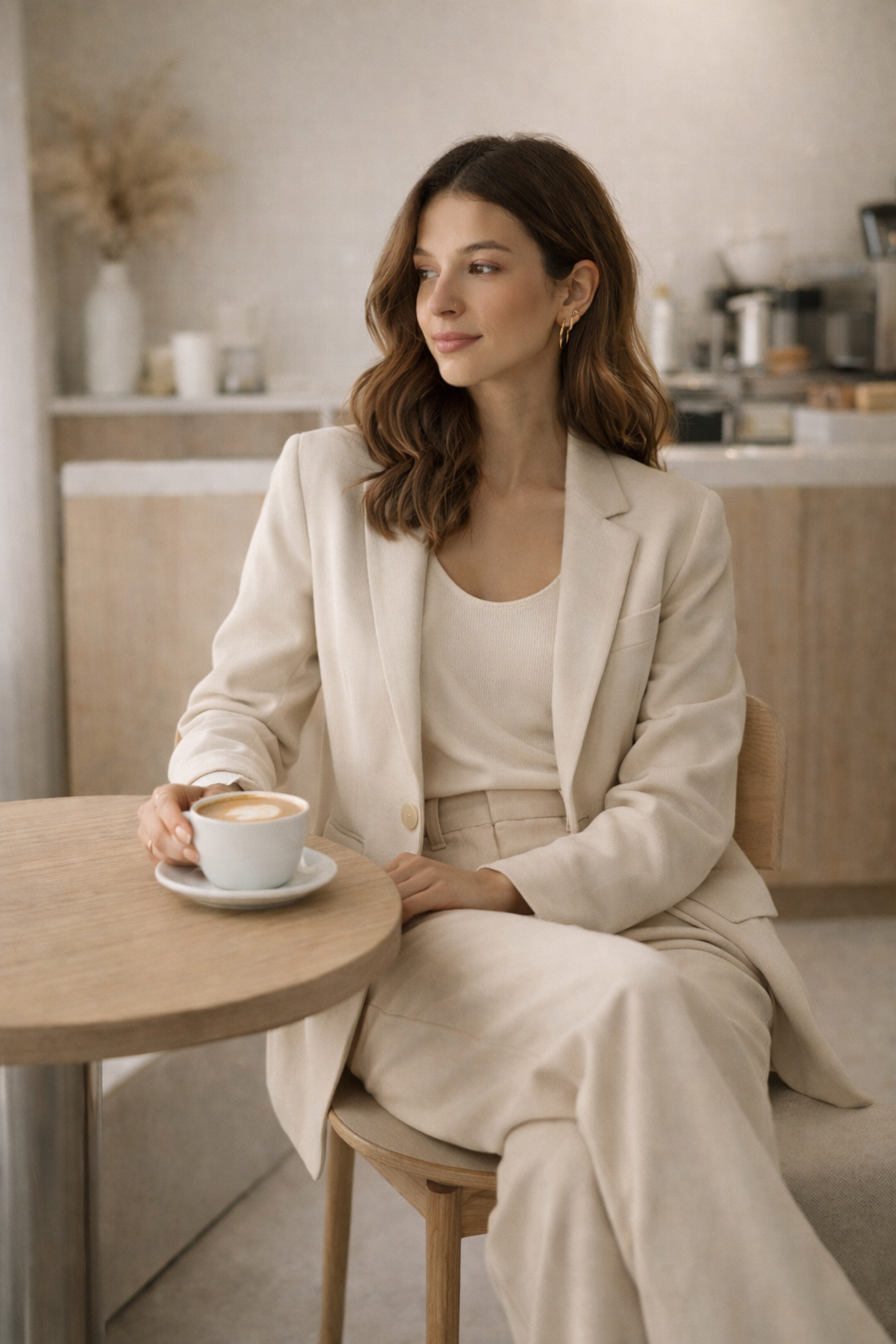 A woman with shoulder-length brown hair, dressed in a light beige blazer and pants, sitting at a wooden table in a cafe, holding a cup of coffee with a heart-shaped latte art.