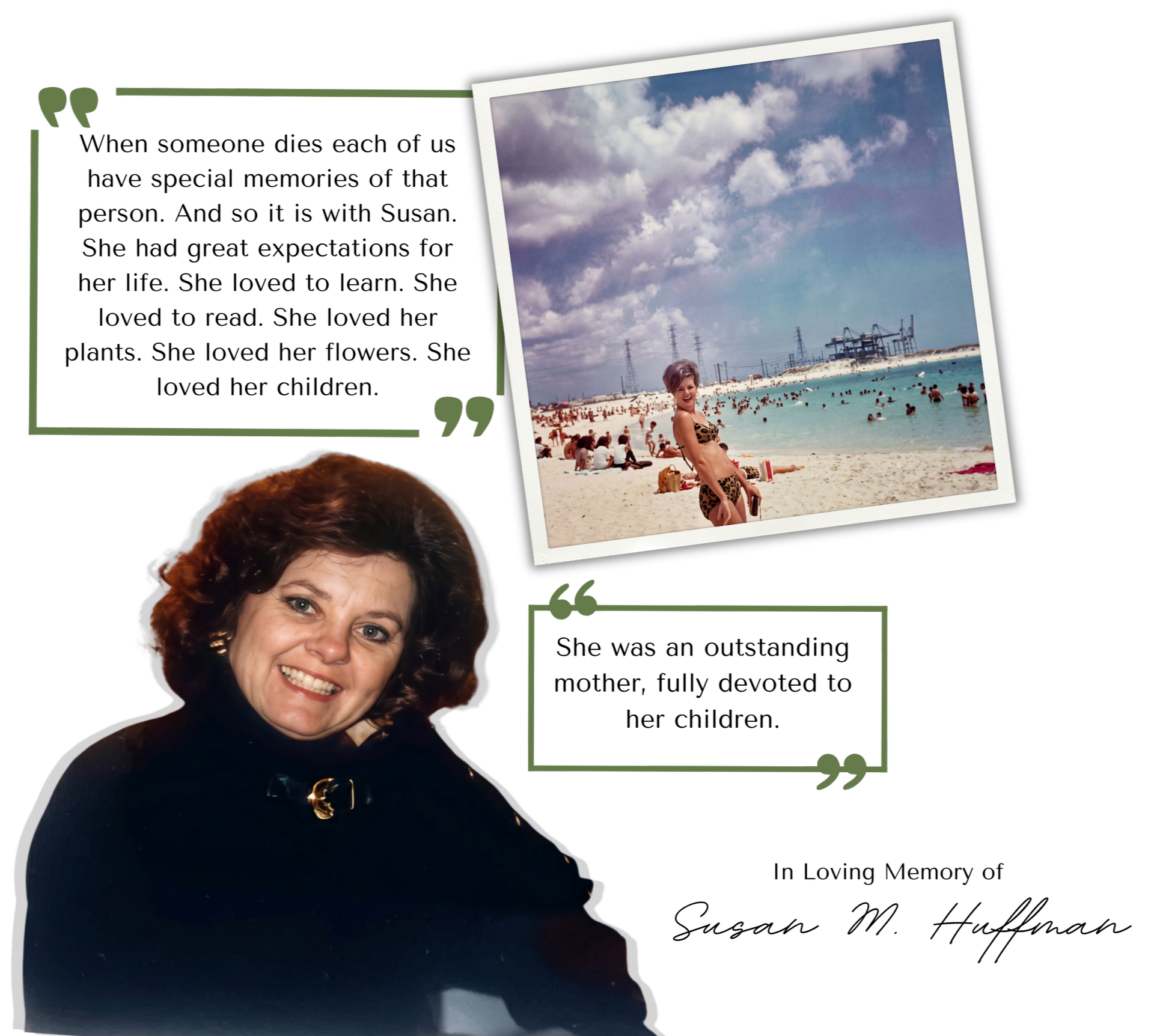 A woman with short curly hair wearing a black top with gold accents smiling in front of a beach scene with people swimming and a cloudy sky.