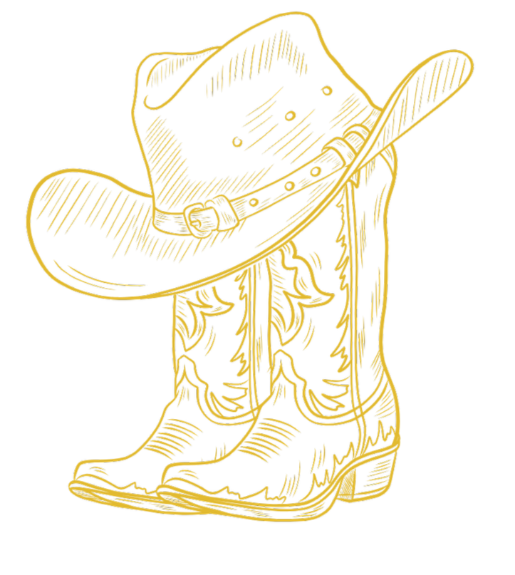 Yellow line drawing of cowboy boots with a cowboy hat resting on top, set against a black background.