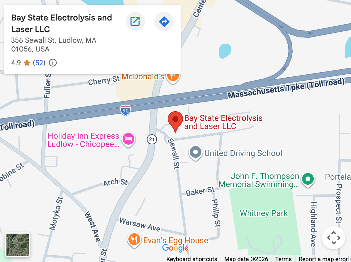 Map highlighting Bay State Electrolysis and Laser LLC located at 356 Sewall Street, Ludlow, MA, near Interstate 90 and Whitney Park, with nearby landmarks like Holiday Inn Express and Evan's Egg House.