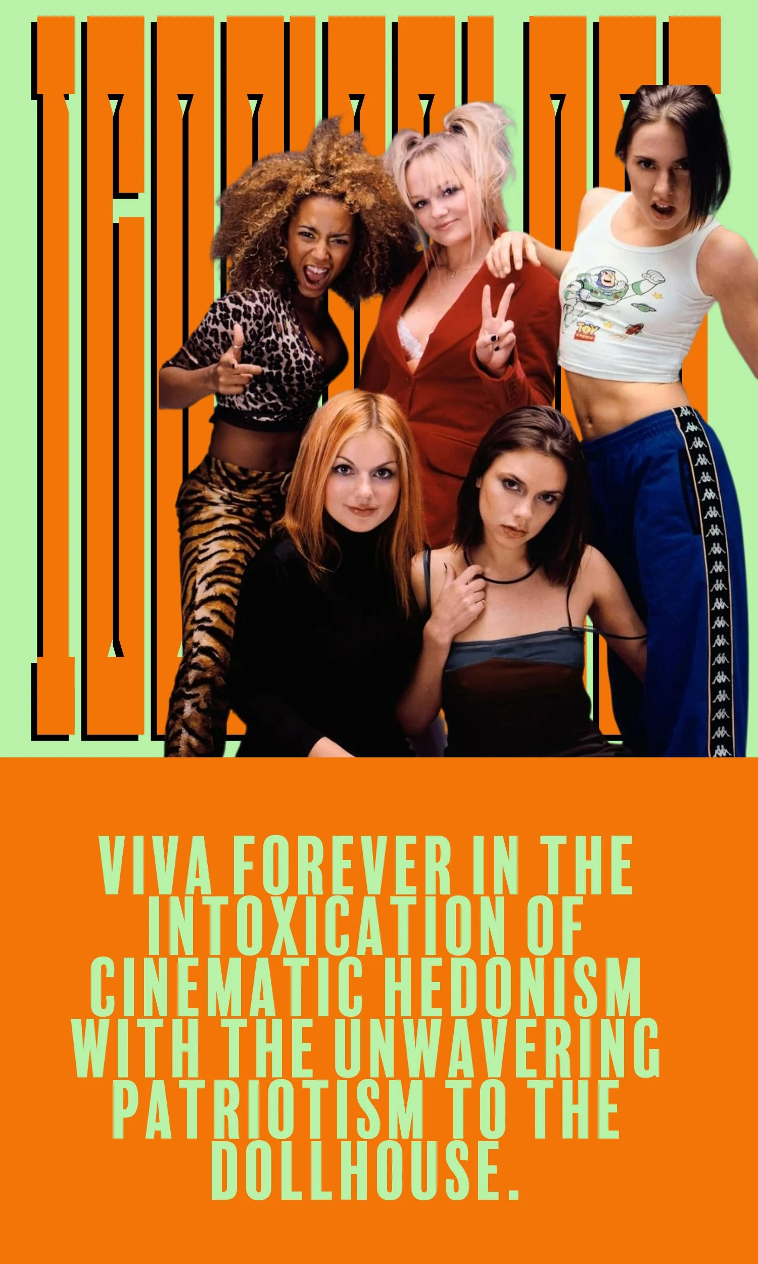 Five women posing confidently in front of a colorful background with bold orange and green colors. The women are wearing diverse clothing styles, including animal print, casual sportswear, and fashion-forward outfits.